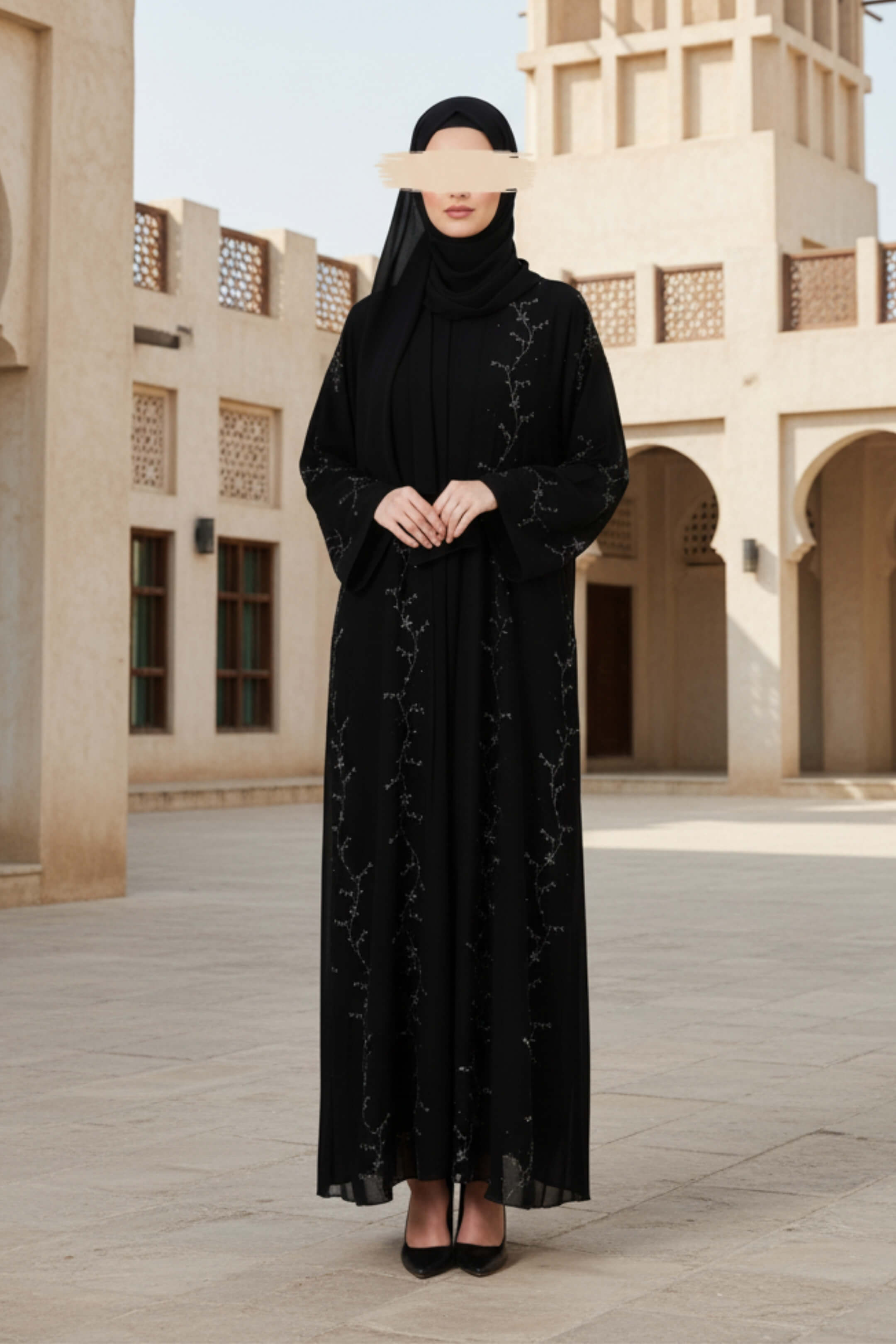 Petal Mist Noir Abaya